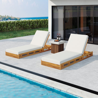 Premium acacia wood lounge chaise set with cream water-resistant cushions and adjustable recline on Tampa Home & Garden Store
