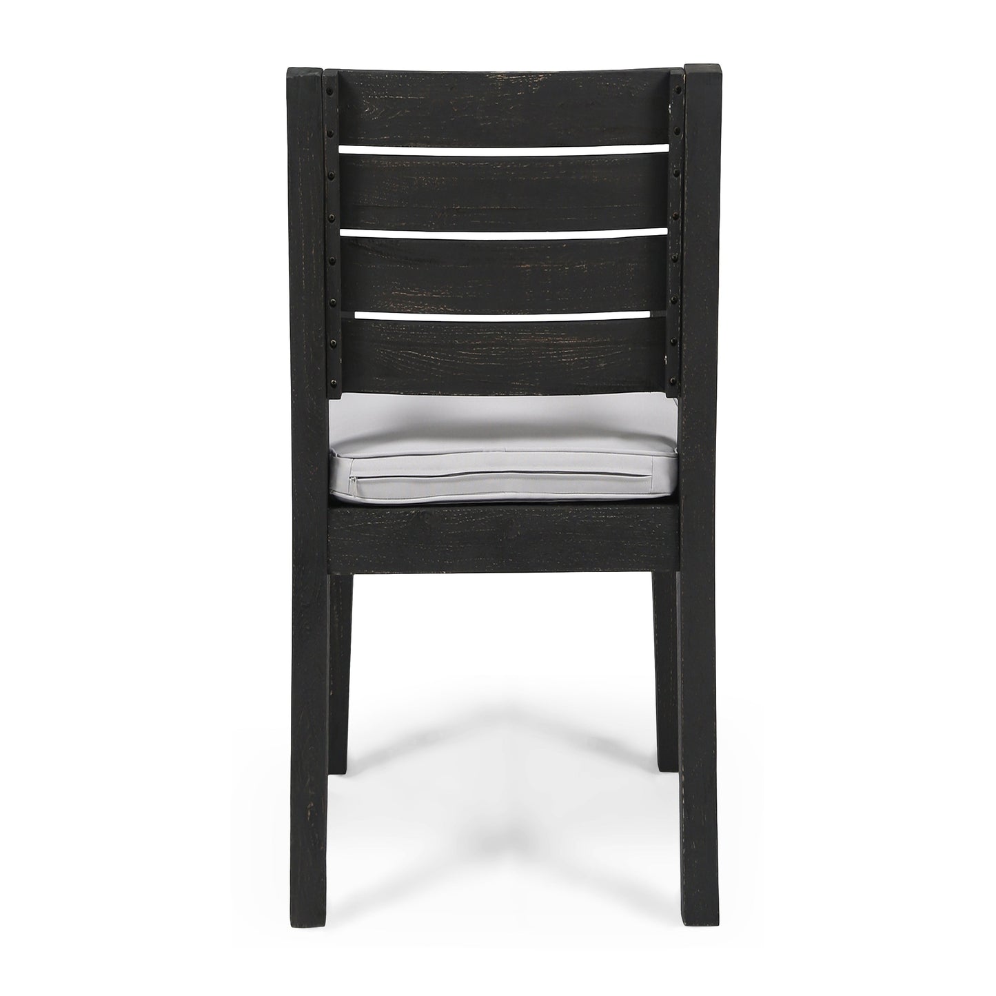 Outdoor dining chair back in dark acacia wood with slatted curved back and gray cushion on Tampa Home & Garden Store