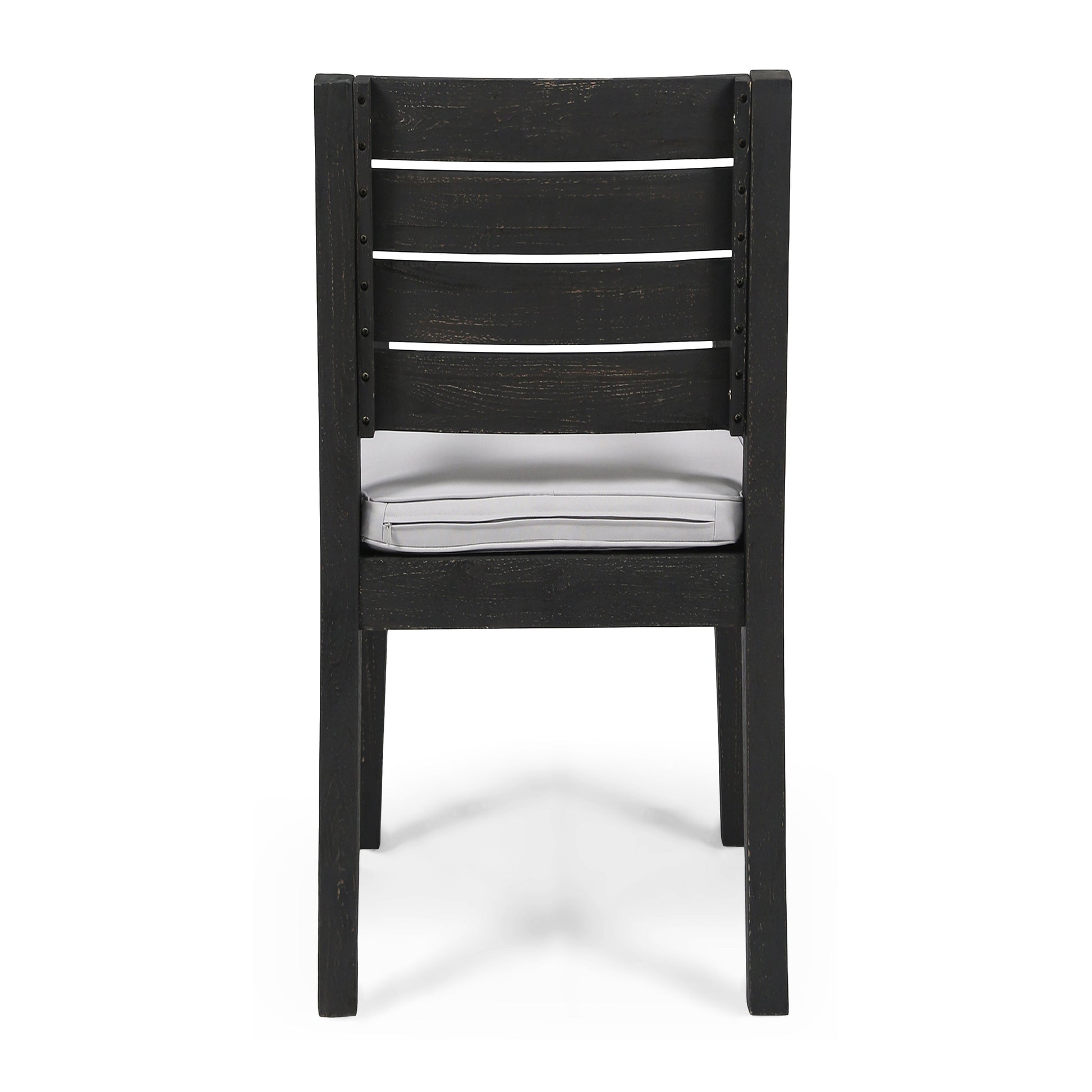 Outdoor dining chair back in dark acacia wood with slatted curved back and gray cushion on Tampa Home & Garden Store