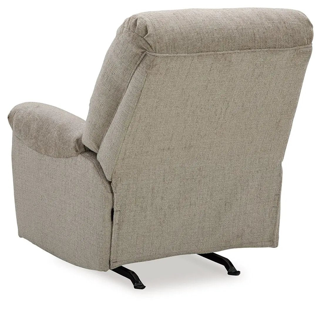 Stonemeade Rocker Recliner in beige fabric with black metal rockers by Unique Piece Furniture on Tampa Home & Garden Store