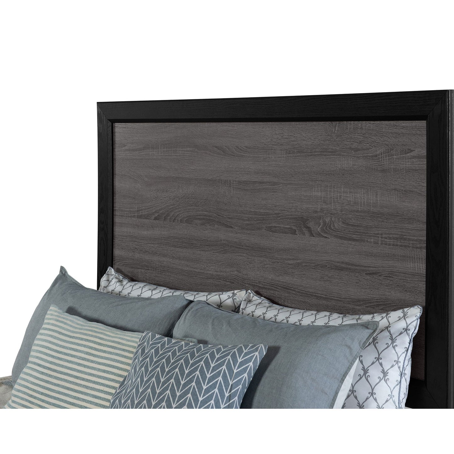 Soluto Bed platform by HouseOfZazla in charcoal wood with grey headboard and patterned bedding on Tampa Home & Garden Store