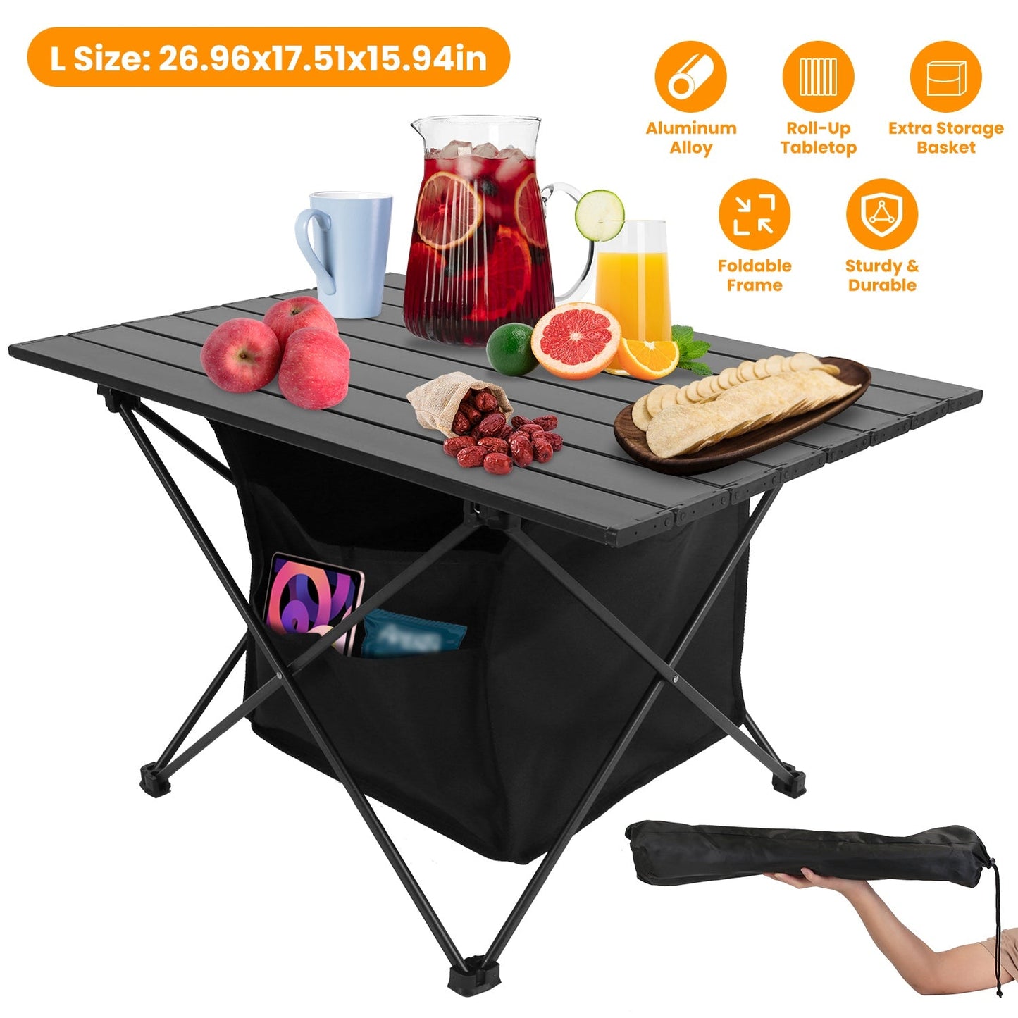 GemGear foldable camping table with rustproof aluminum roll-up top and storage basket on Tampa Home & Garden Store