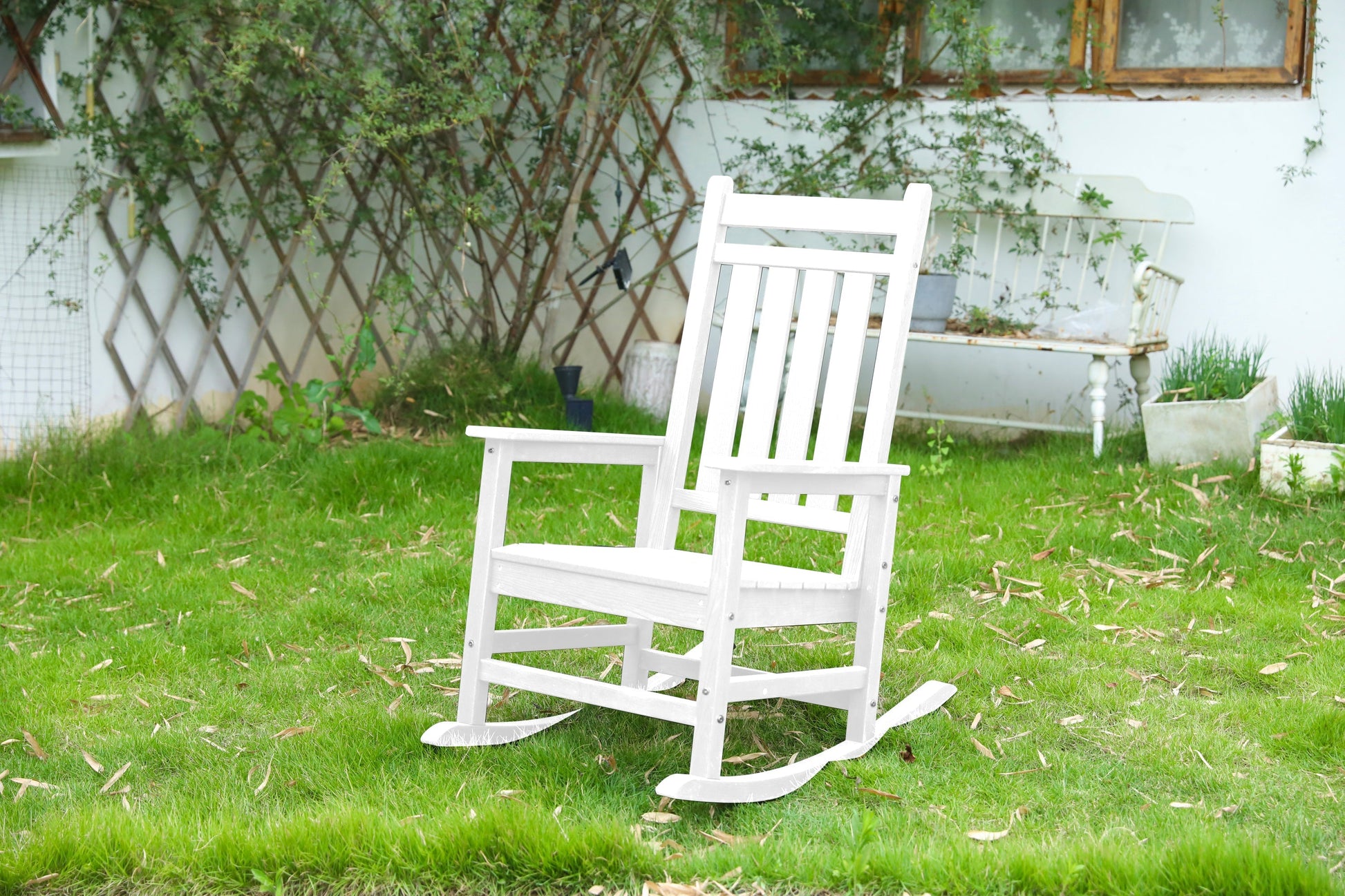 Oversized white rocking chair with wood-texture outdoor design HouseOfZazla on Tampa Home & Garden Store