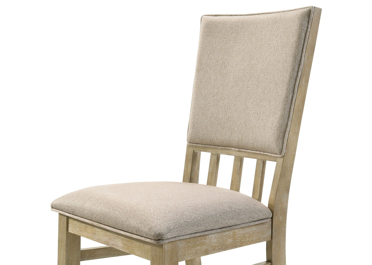 Wide dining chair with comfort design, beige upholstered seat and reclaimed wheat wood frame on Tampa Home & Garden Store