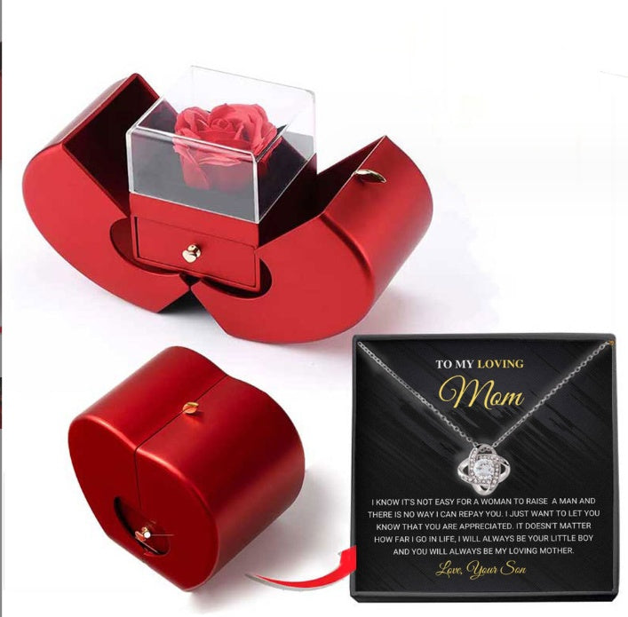Red apple-shaped jewelry box with clear lid and red artificial rose; includes red necklace box on Tampa Home & Garden Store