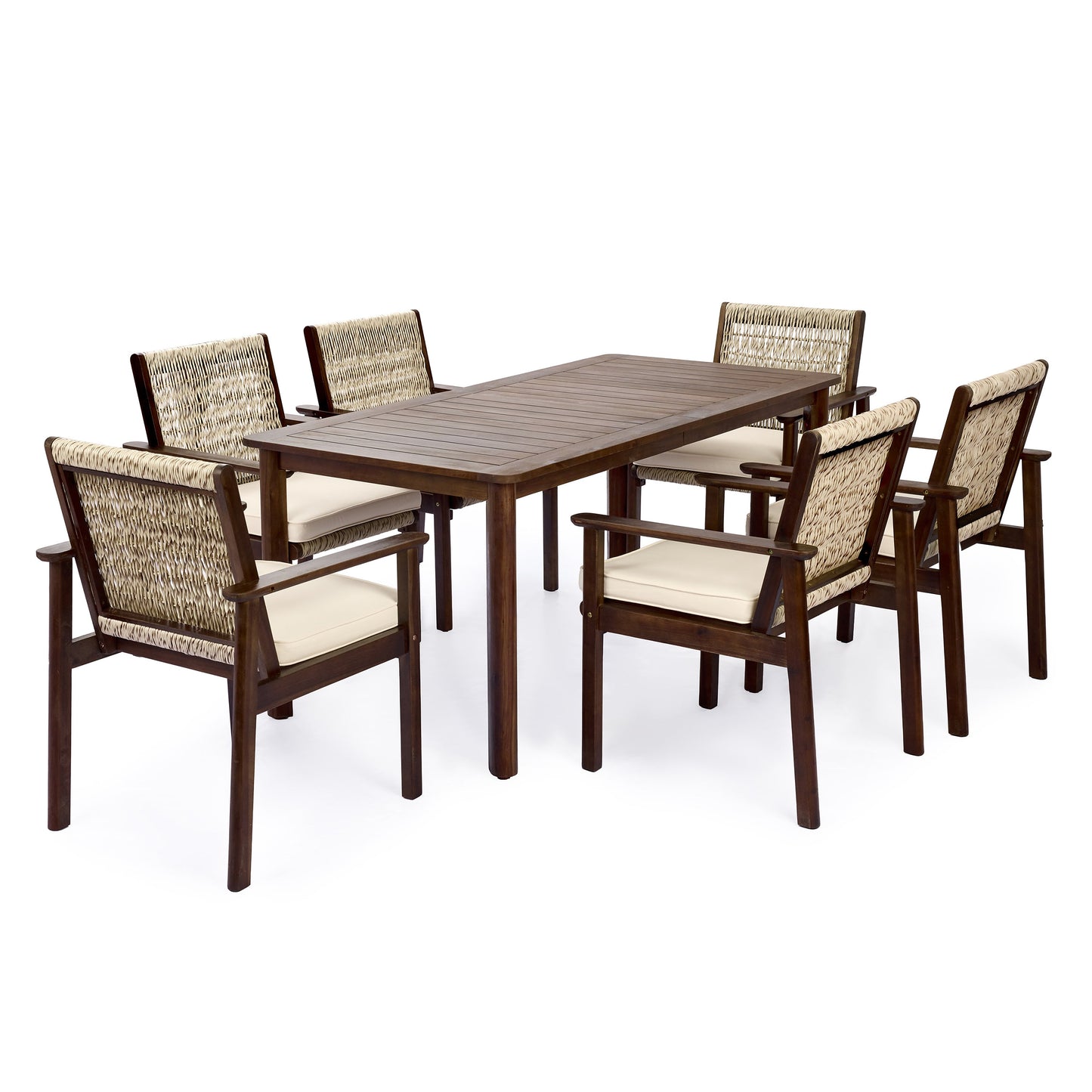 7 Piece Outdoor Acacia Wood Dining Set With Cushions dark brown finish chairs HouseOfZazla on Tampa Home & Garden Store