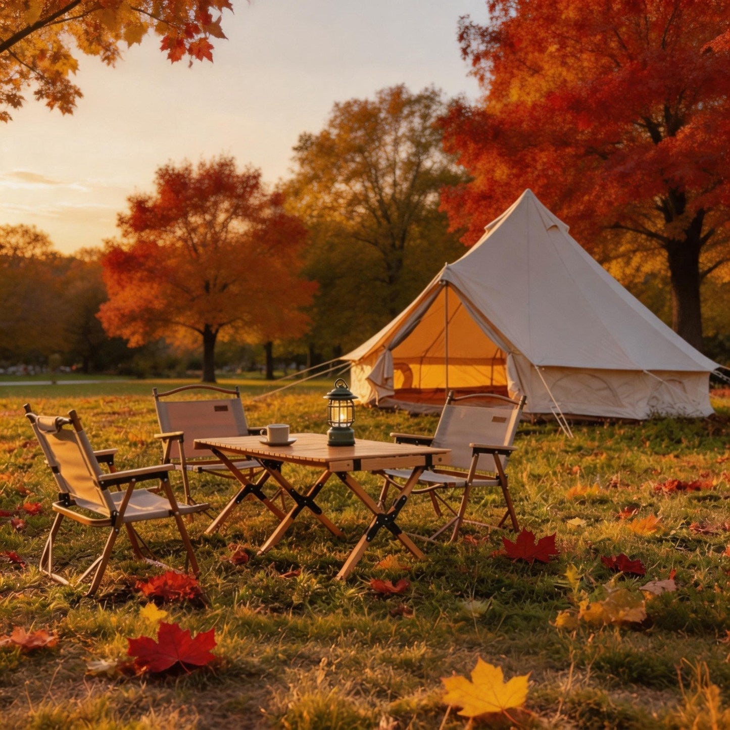 GemGear Oxford Bell Tent 13.1ft with stove jack at autumn campsite with table and lantern on Tampa Home & Garden Store