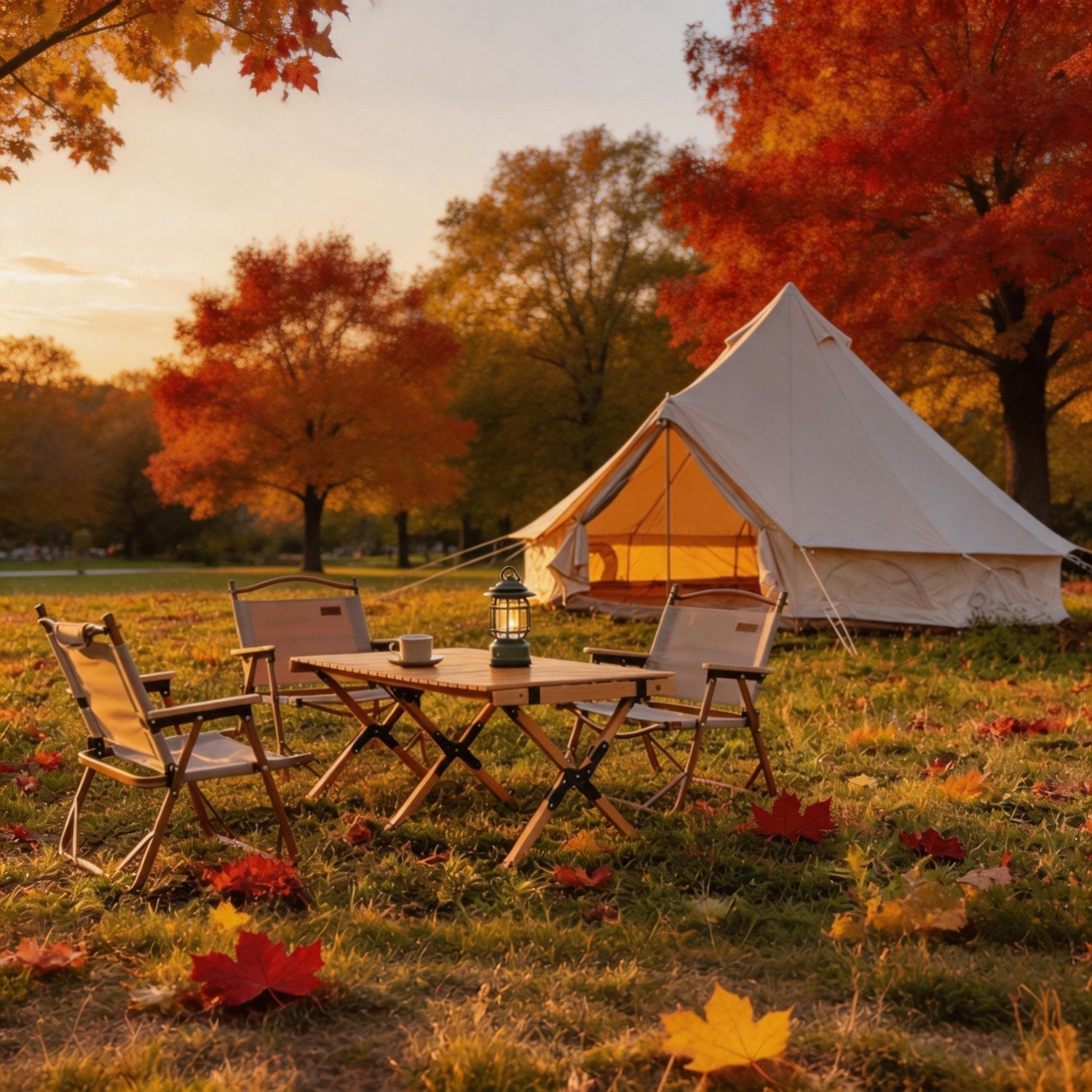 GemGear Oxford Bell Tent 13.1ft with stove jack at autumn campsite with table and lantern on Tampa Home & Garden Store