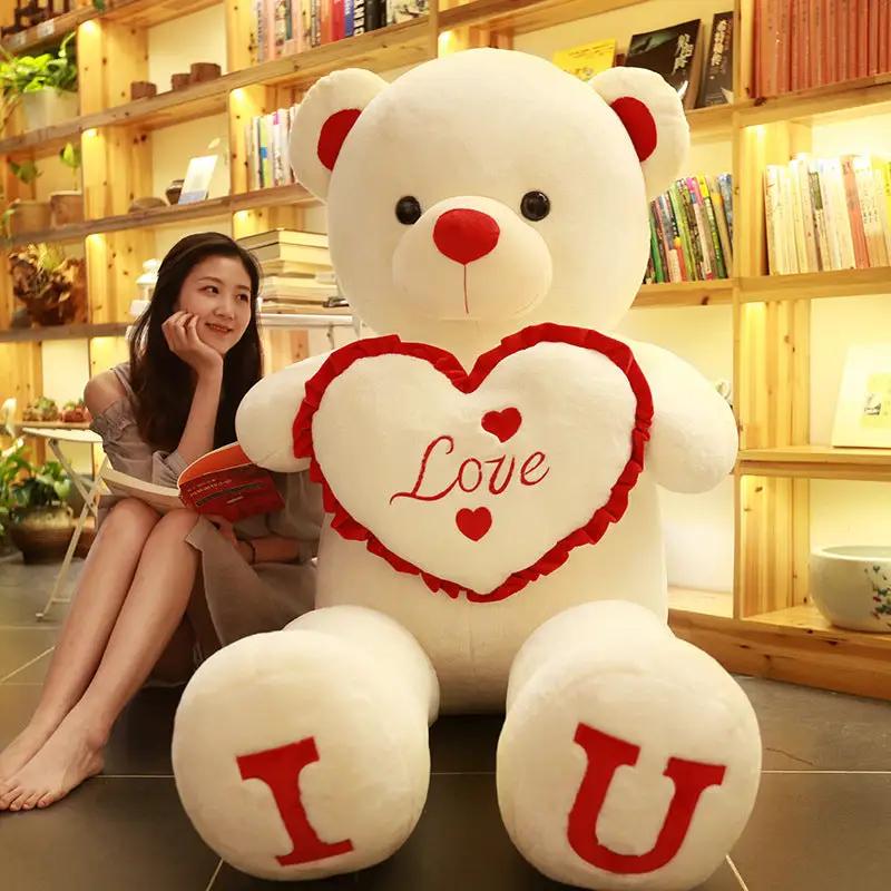 Chinese Valentine's Hug Bear Plush Toy white bear with heart pillow and Love embroidery feet I U on Tampa Home & Garden Store