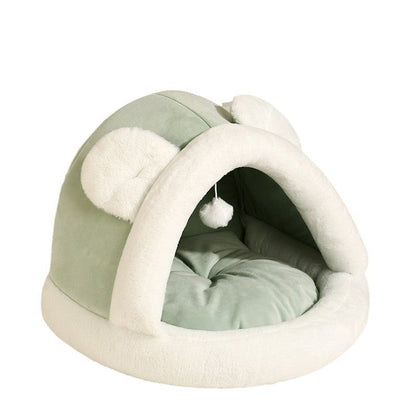 Pet tent cave bed for cats and small dogs, self-warming plush cat hut in sage green on Tampa Home & Garden Store