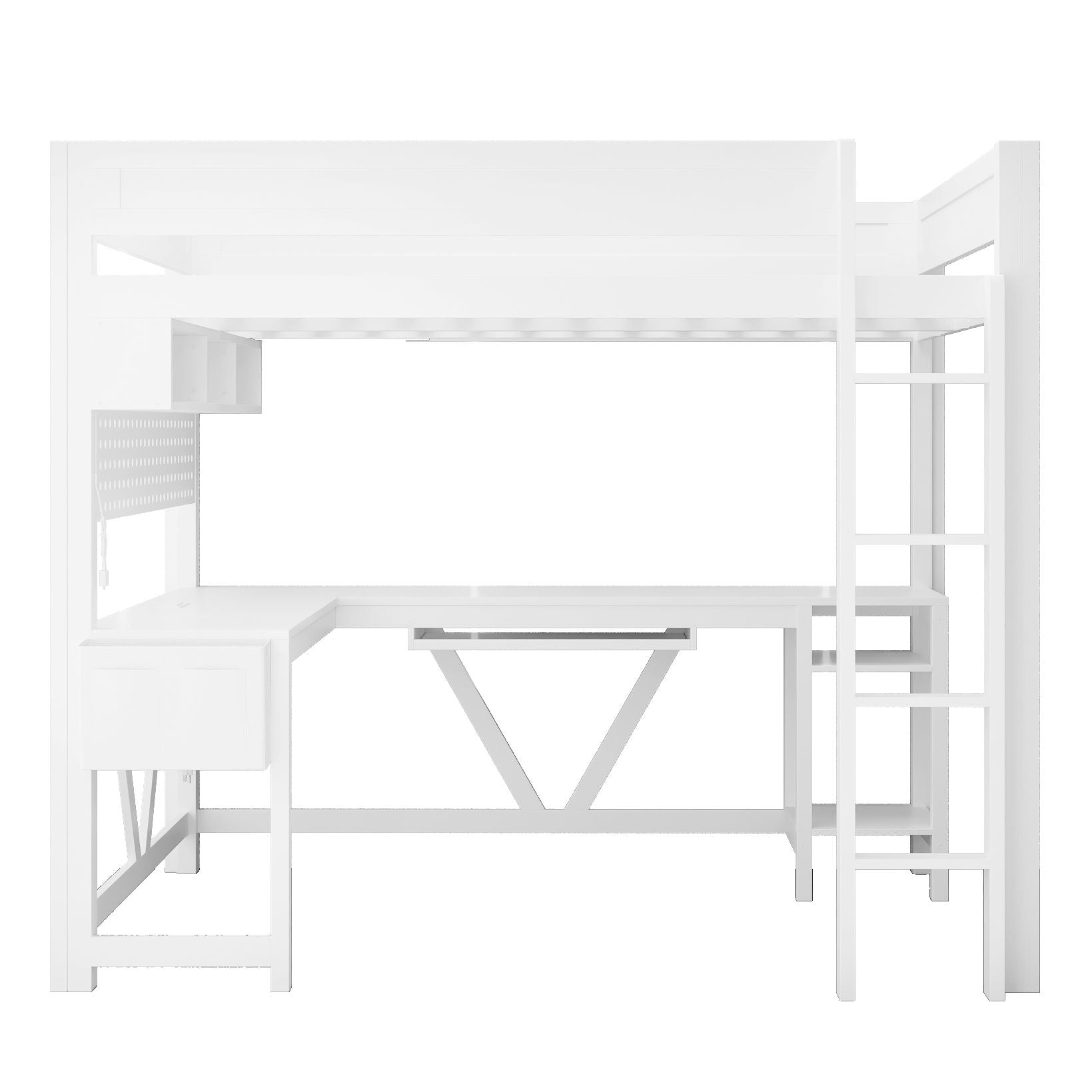White gaming loft bed with desk, left storage shelves, right ladder, LED and charging station on Tampa Home & Garden Store