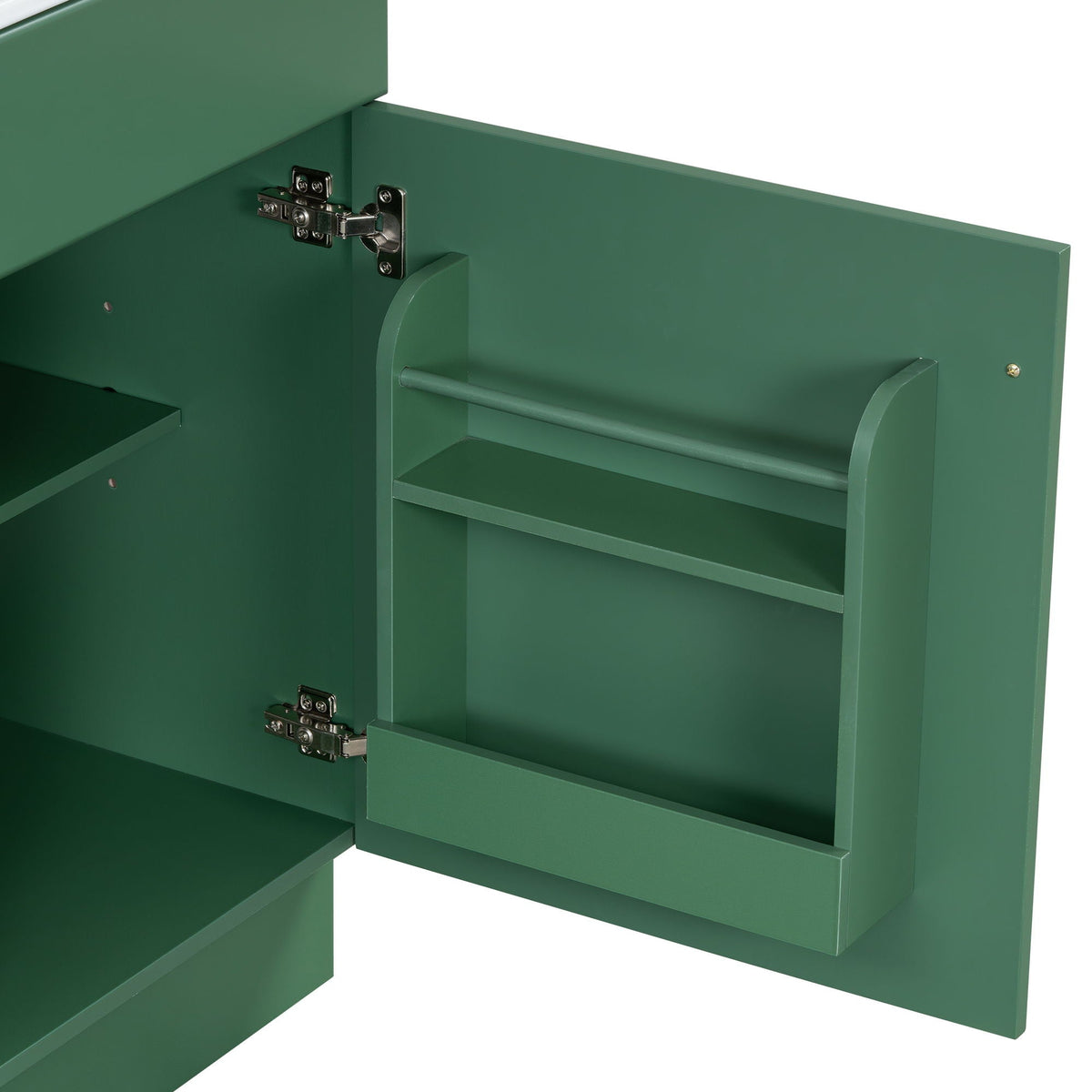 HouseOfZazla bathroom vanity cabinet in green with adjustable shelf and metal hinges inside on Tampa Home & Garden Store