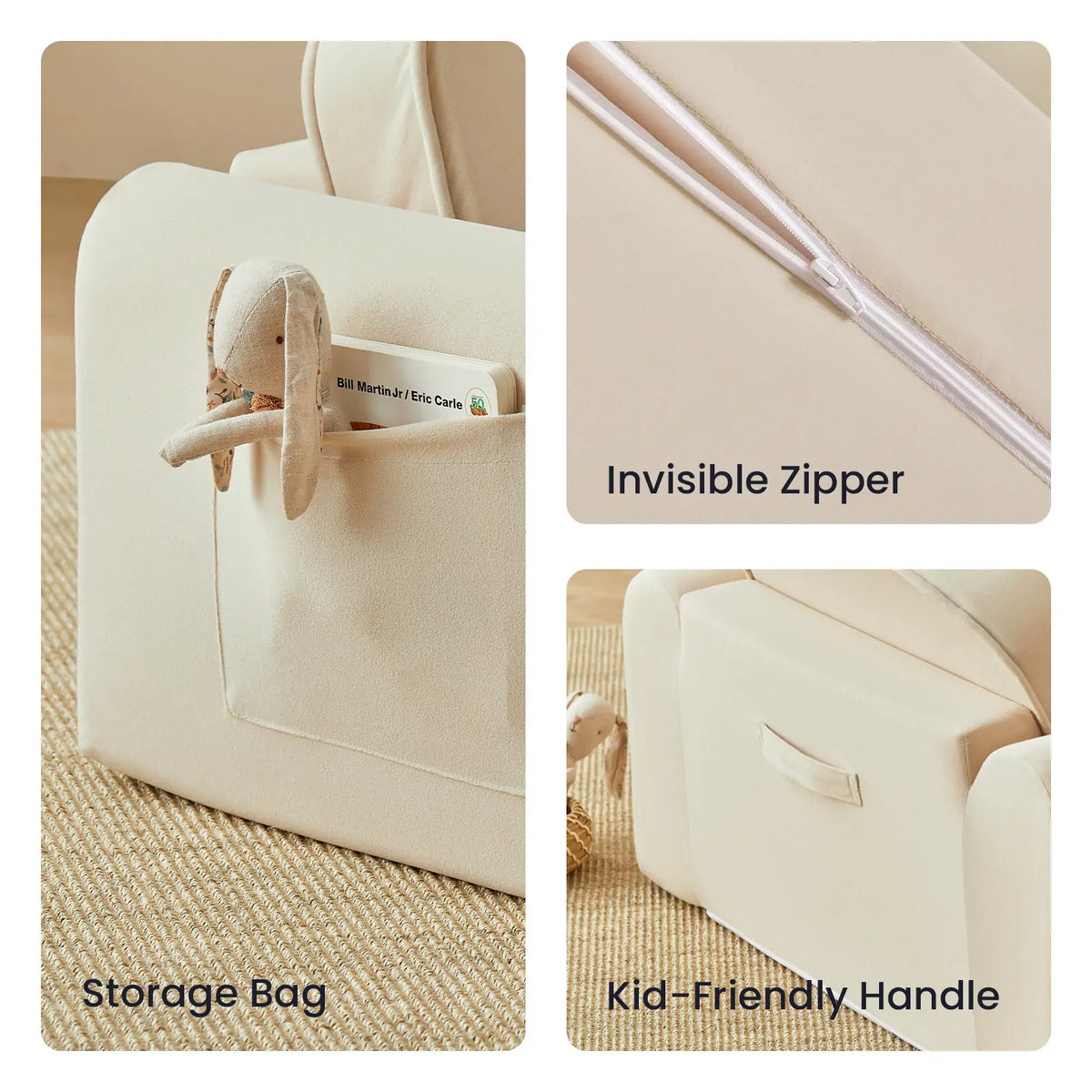Tiny Land GentleSnug Kid Chair cream upholstery with storage pocket and invisible zipper on Tampa Home & Garden Store