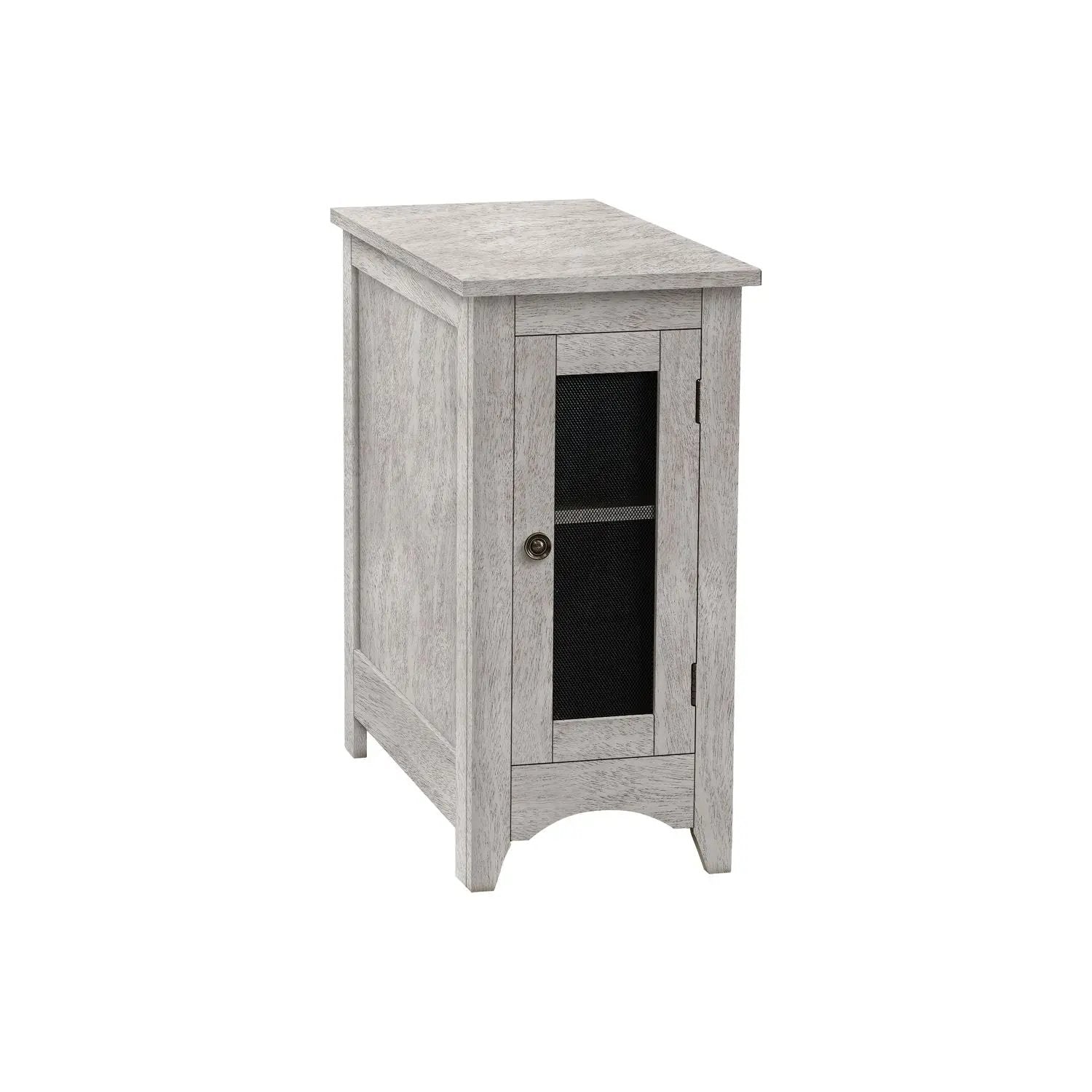 Accent end table in graywashed wood with cabinet door and mesh by Unique Piece Furniture on Tampa Home & Garden Store