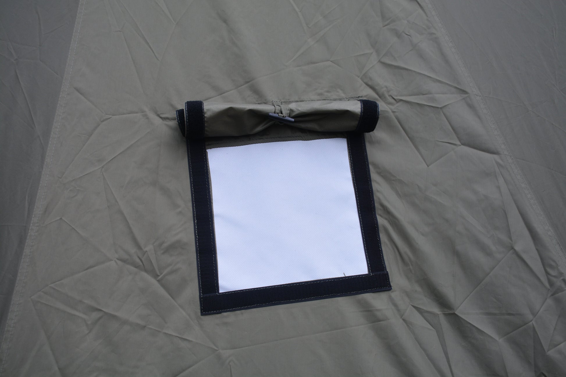 Oxford Bell Tent gray fabric with roll-up door and black straps on Tampa Home & Garden Store