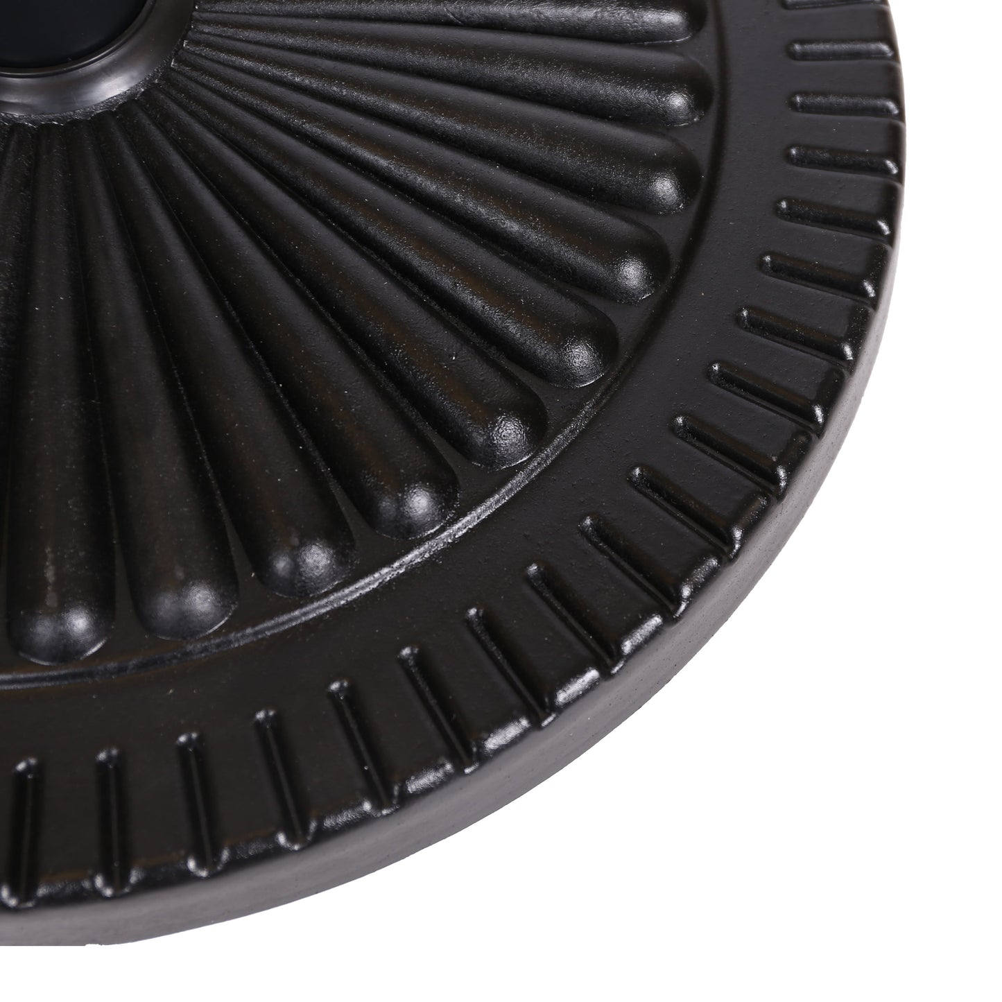 Black Rock resin outdoor umbrella base with steel support in black finish, round ribbed base on Tampa Home & Garden Store