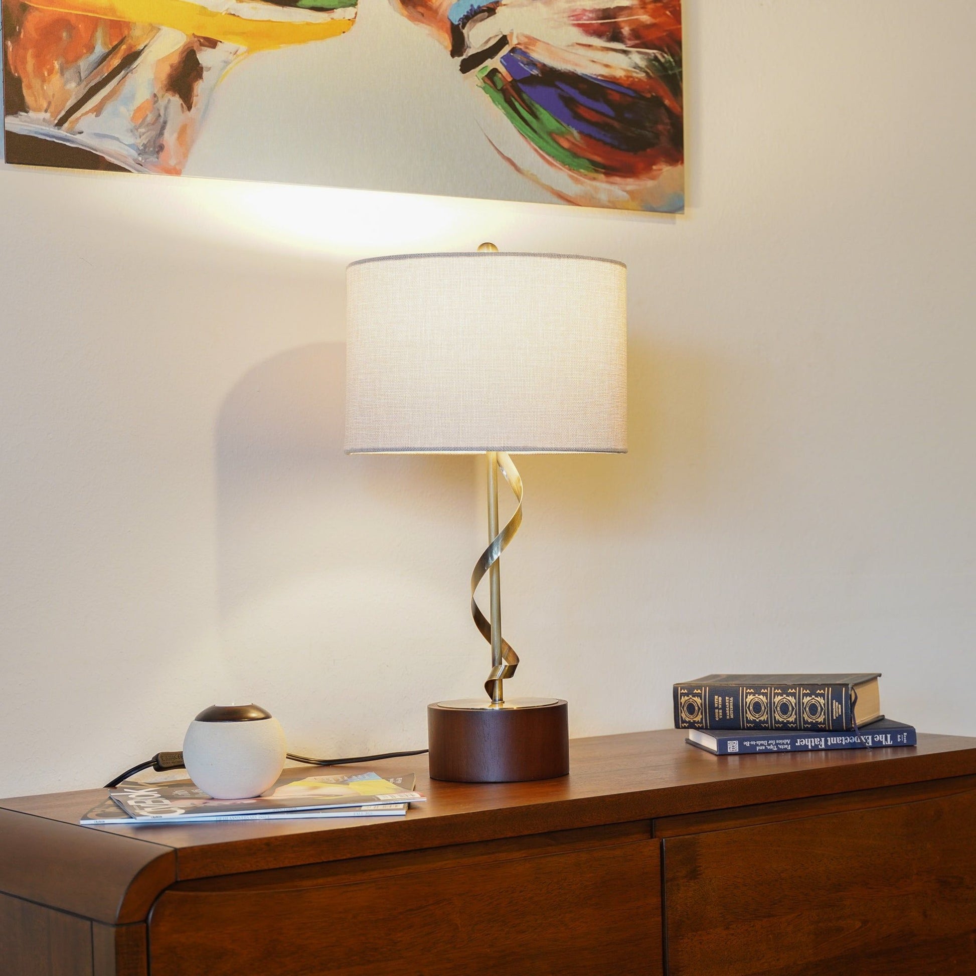 Nightstand Desk Lamp with twisted brass base and white fabric shade by HouseOfZazla on Tampa Home & Garden Store