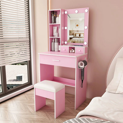 Vanity Table with Mirror and Hairdryer Holder
