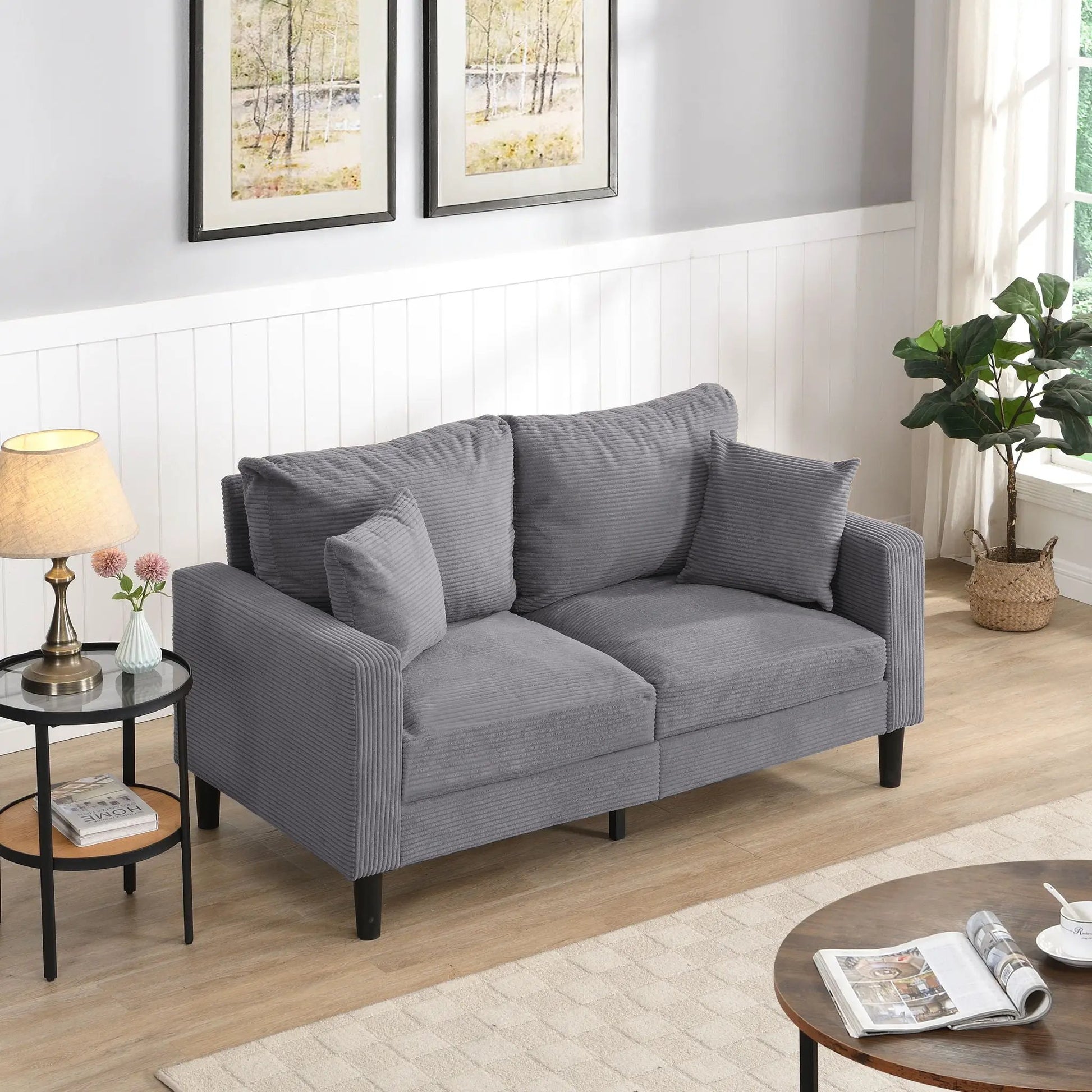 Modern Upholstered Loveseat in gray corduroy with black tapered legs on Tampa Home & Garden Store