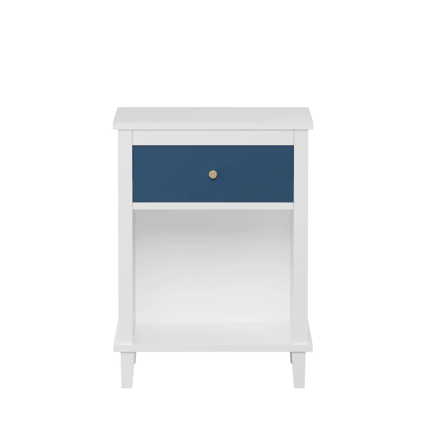 Nightstand with 1 Drawer 1 Shelf white frame navy blue drawer with gold knob Unique Piece Furniture on Tampa Home & Garden Store