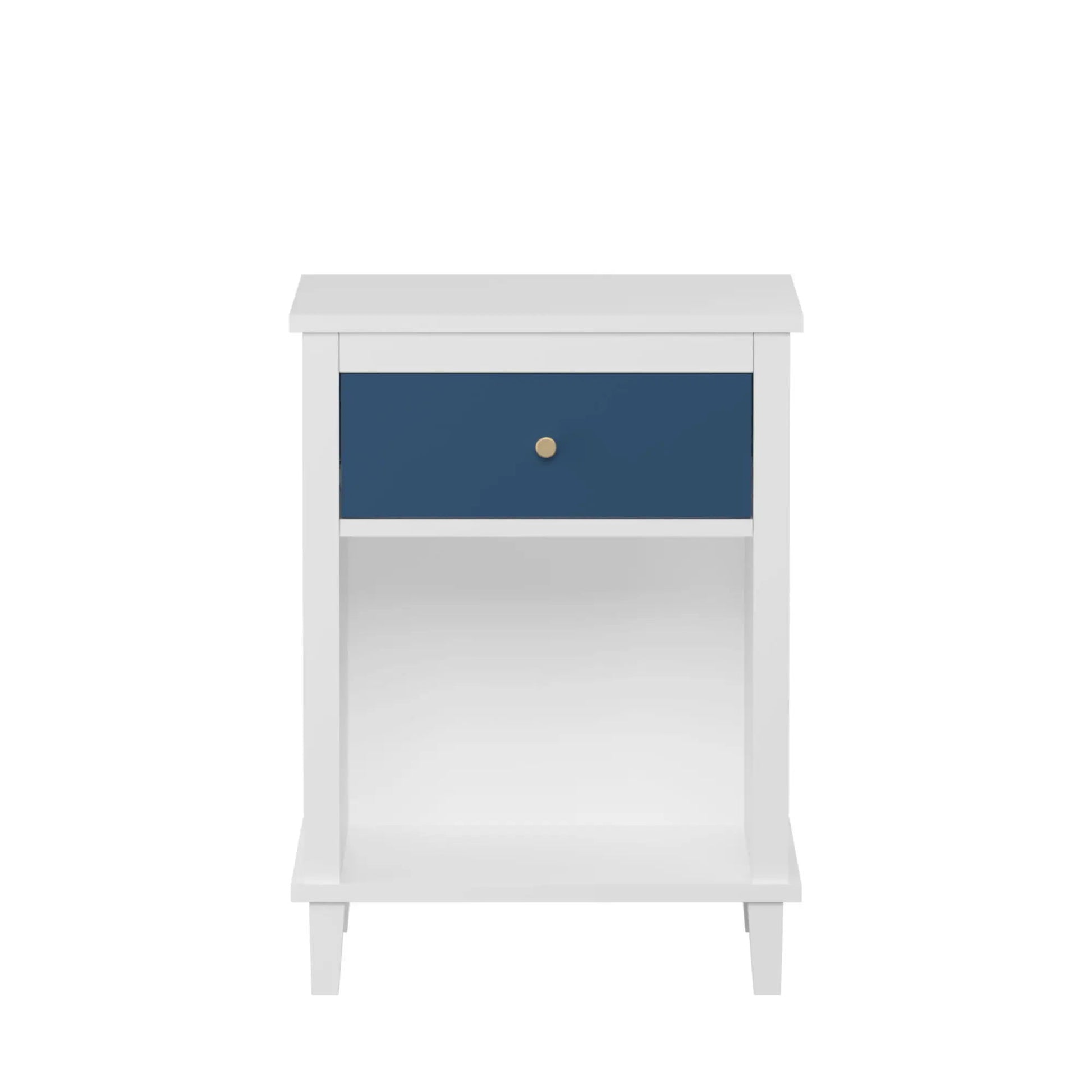 Nightstand with 1 Drawer 1 Shelf white frame navy blue drawer with gold knob Unique Piece Furniture on Tampa Home & Garden Store