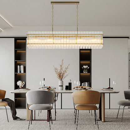 Modern rectangular crystal glass chandelier with gold frame, 10 lights over a dining table on Tampa Home & Garden Store