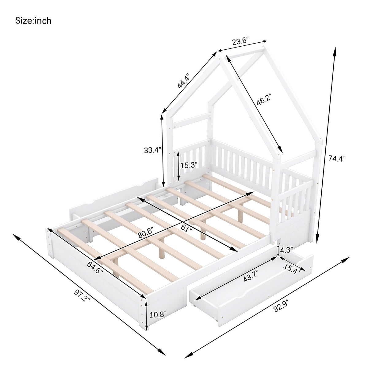 House style platform bed with guardrail and 2 drawers, white wood, by HouseOfZazla on Tampa Home & Garden Store