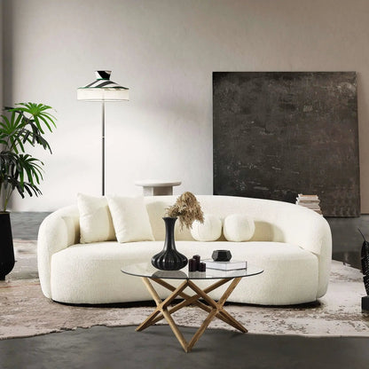 Drake Japandi Style Curvy Boucle Sofa in cream boucle modern living room with glass coffee table on Tampa Home & Garden Store