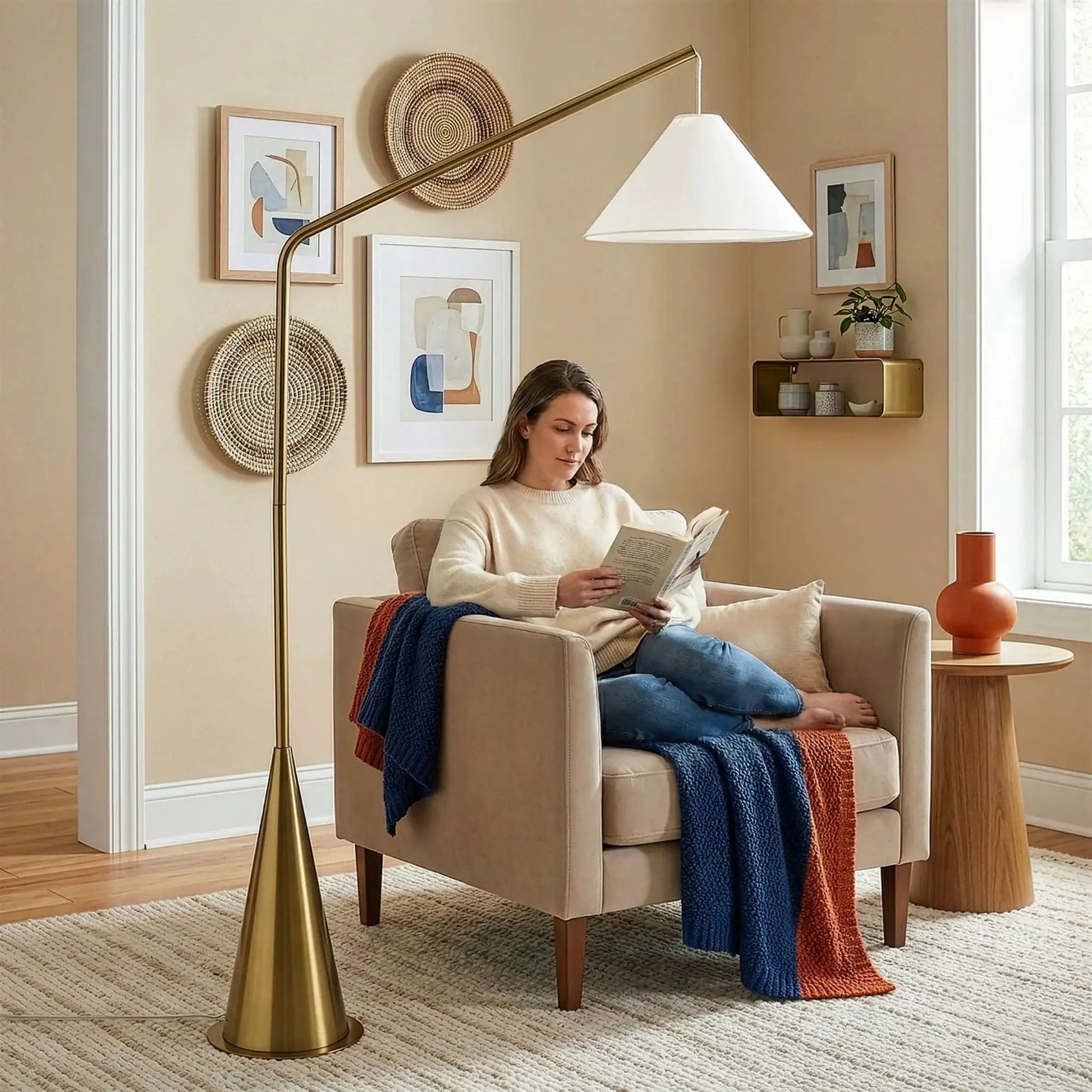 Lisbon floor lamp with on/off switch, coned antique brass base, white hanging shade on Tampa Home & Garden Store