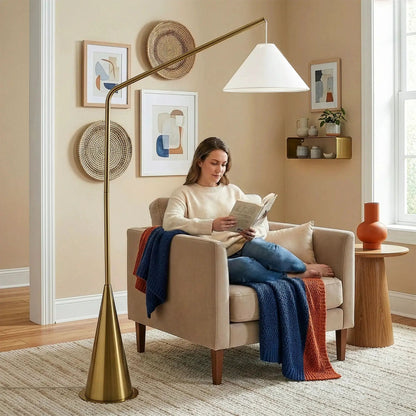 Lisbon floor lamp with on/off switch, coned antique brass base, white hanging shade on Tampa Home & Garden Store