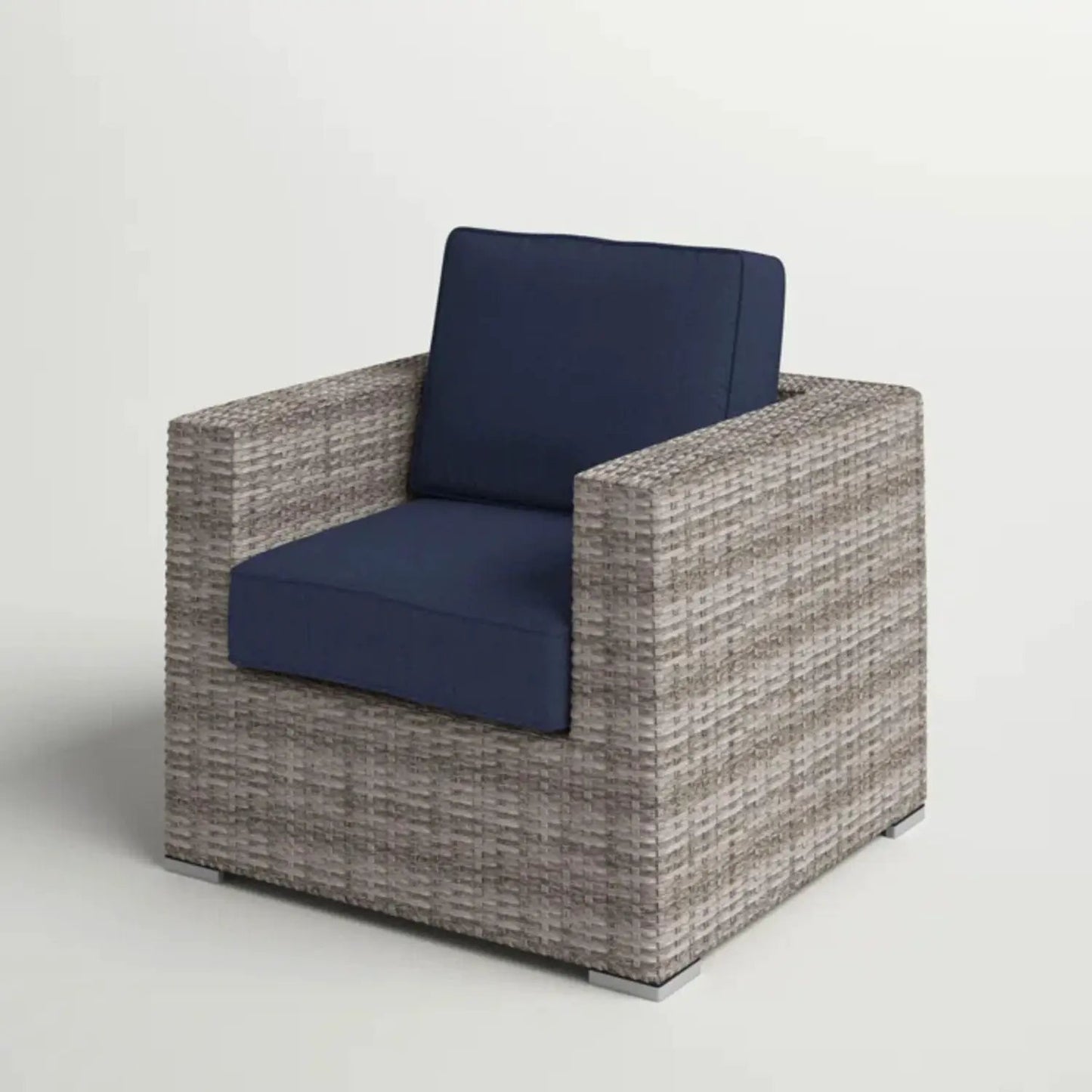 Patio chair with cushions, navy cushions, woven gray wicker by Unique Piece Furniture on Tampa Home & Garden Store