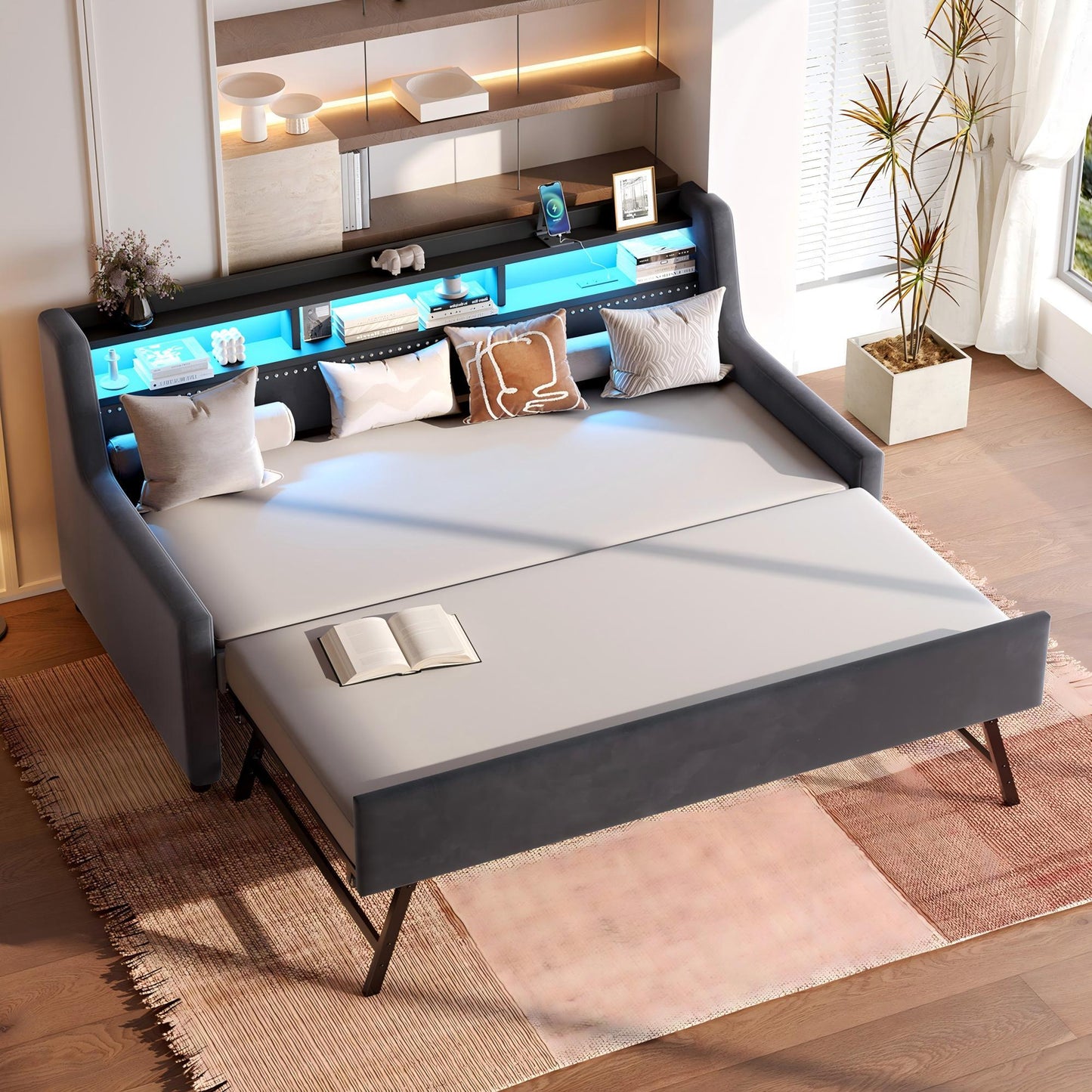 Twin size dark gray daybed with trundle and LED charging station modern storage shelves on Tampa Home & Garden Store