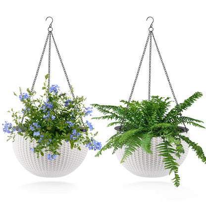 Self Watering Hanging Planter pair by HouseOfZazla; white wicker baskets with black chains on Tampa Home & Garden Store