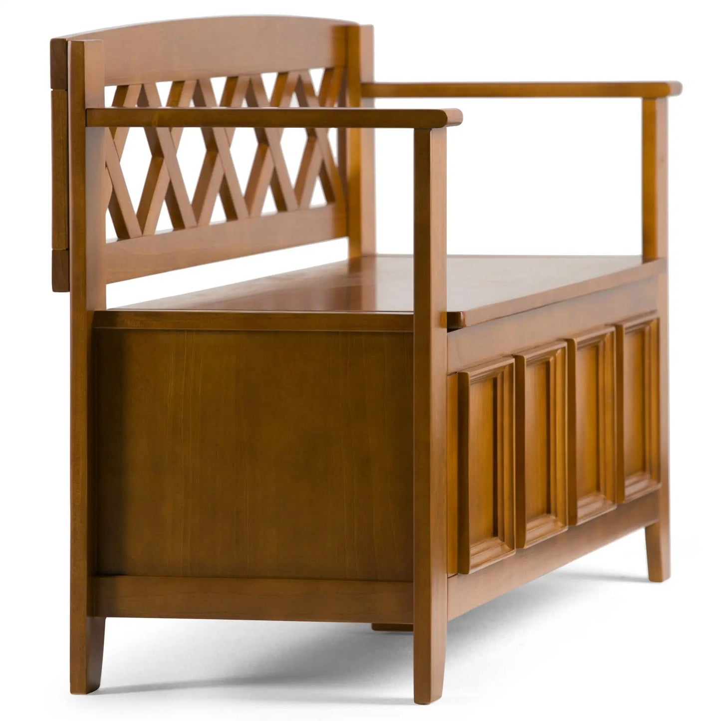 Amherst Handcrafted Entryway Storage Bench in warm wood with lattice back and open shelf on Tampa Home & Garden Store