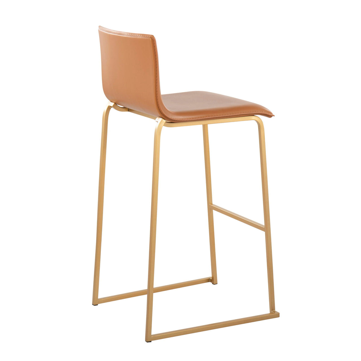 Contemporary upholstered barstool set of 2 with tan leather seats and gold metal bases on Tampa Home & Garden Store