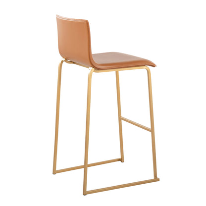 Contemporary upholstered barstool set of 2 with tan leather seats and gold metal bases on Tampa Home & Garden Store