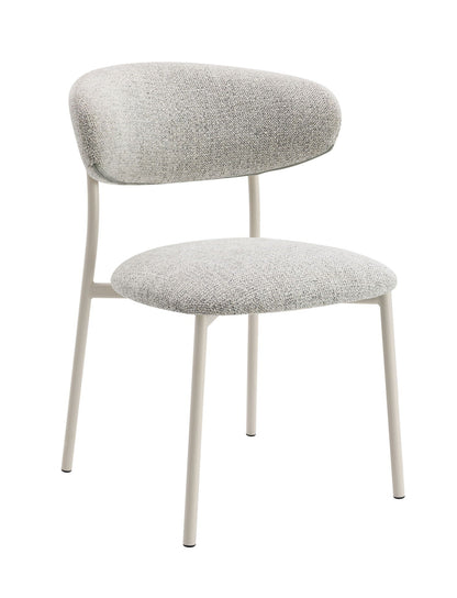 Pair of light gray fabric side chairs with padded seats and beige metal legs on Tampa Home & Garden Store