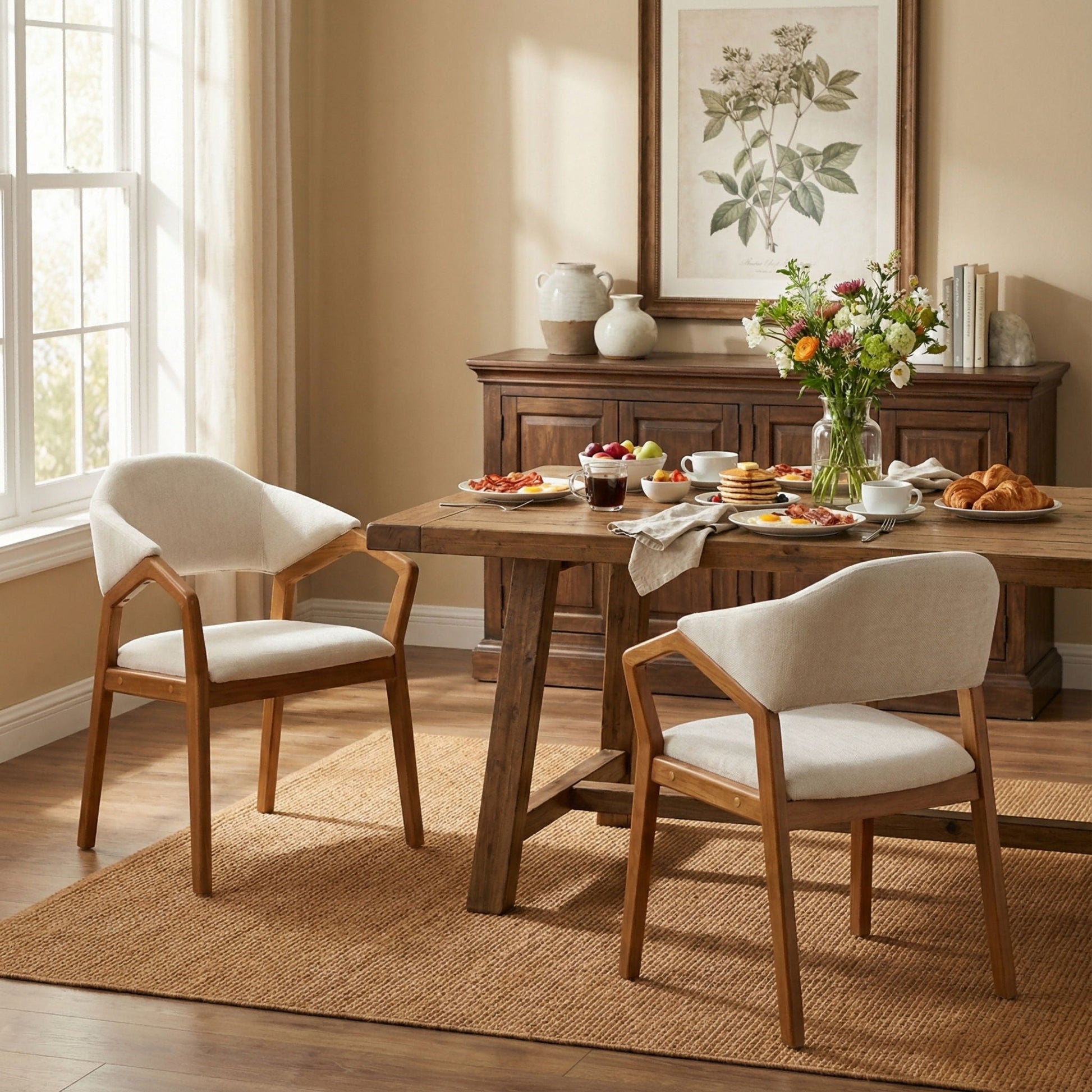 Indoor Upholstered Dining Armchairs set of 2 in beige fabric with teak legs around a wooden dining table on Tampa Home & Garden Store