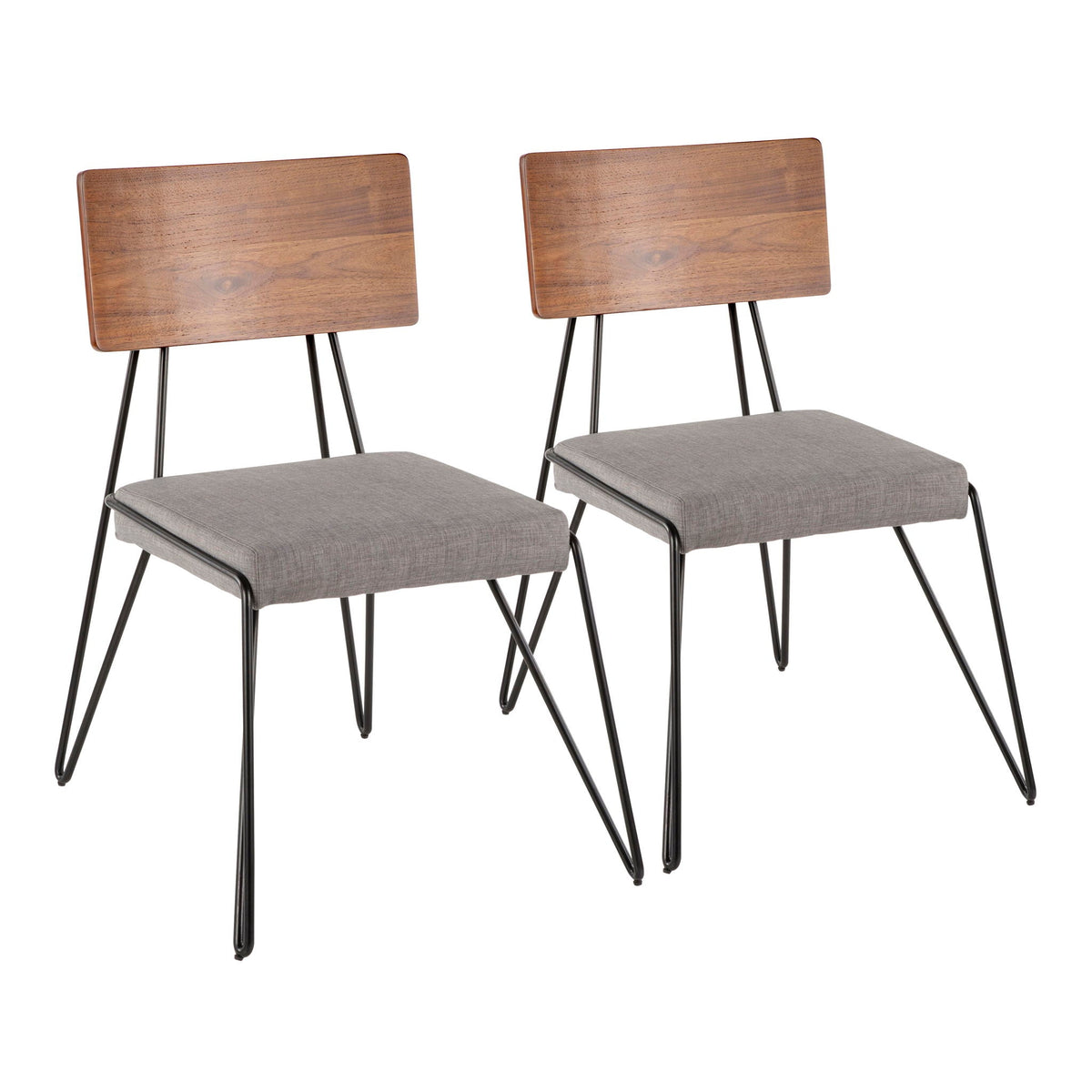 Mid-Century Modern chair set with hairpin legs, walnut backrests and gray fabric seats, 2 chairs on Tampa Home & Garden Store
