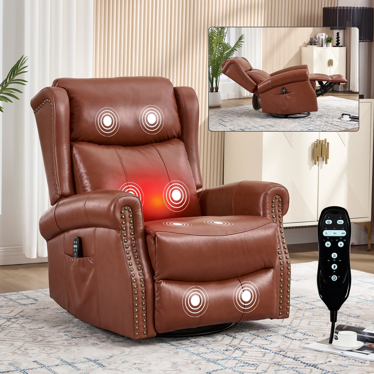 Heat Massage Manual Recliner Chair with Rocker and Swivel in brown leather by HouseOfZazla on Tampa Home & Garden Store