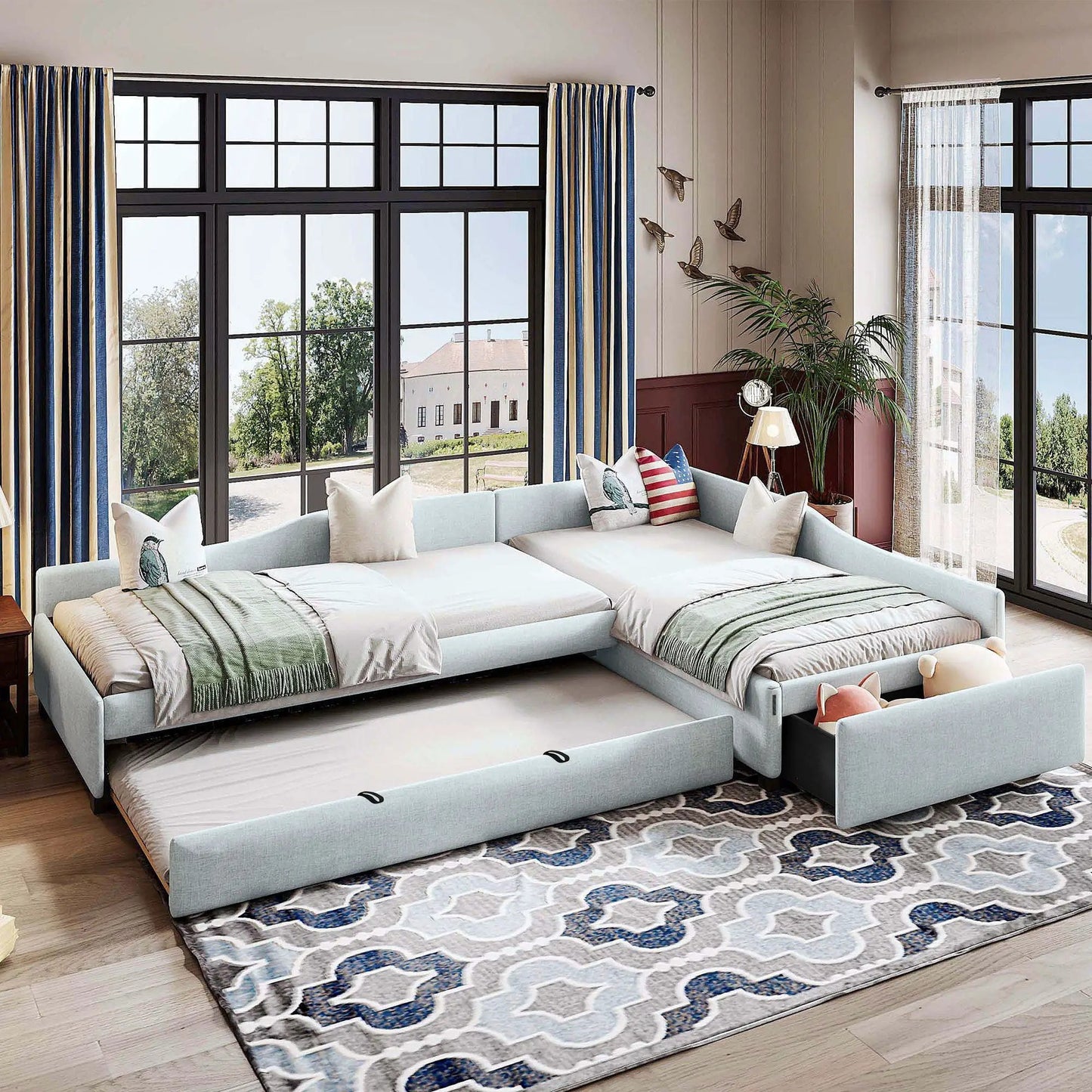 Upholstered double daybed with trundle and drawer in blue fabric Unique Piece Furniture on Tampa Home & Garden Store