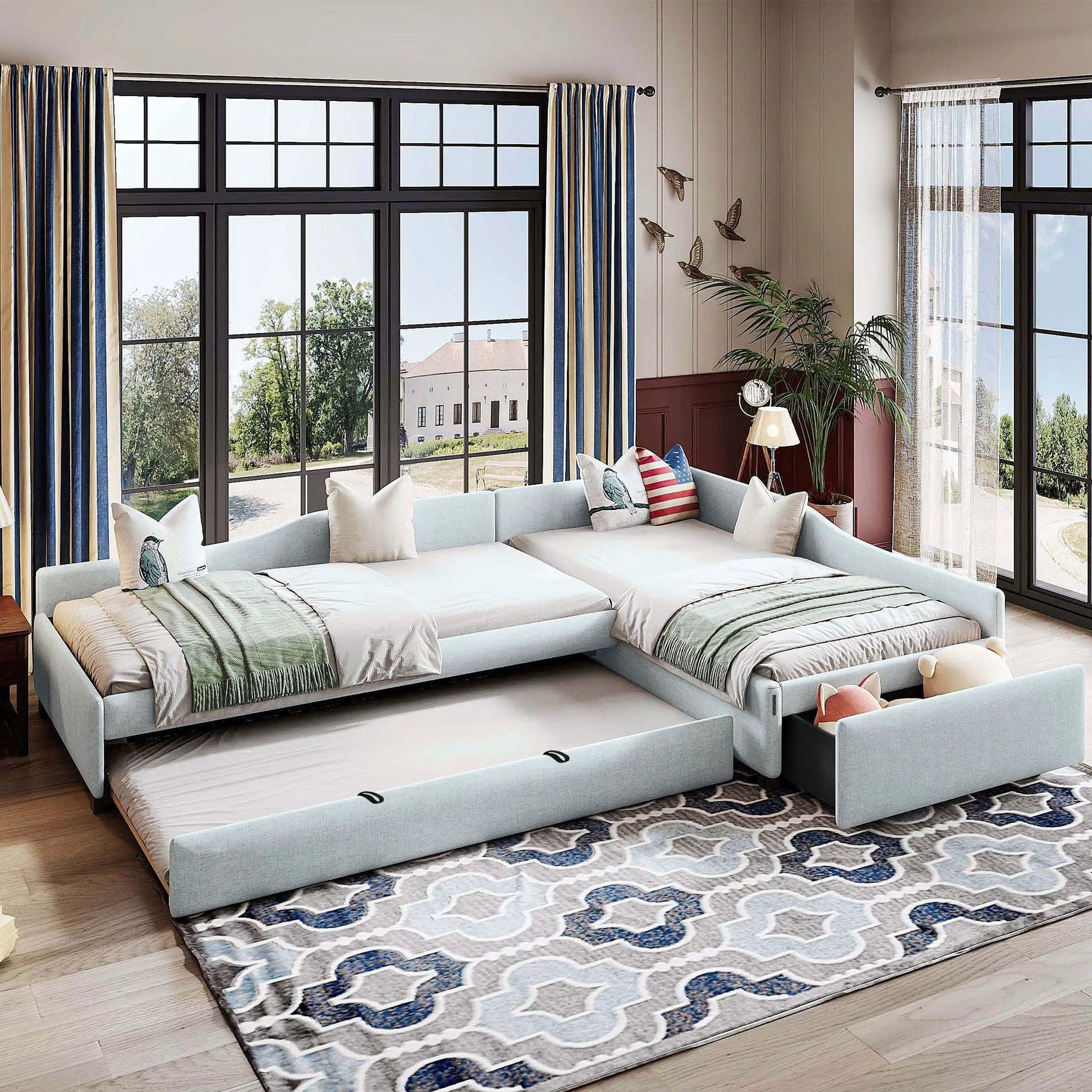 Upholstered double daybed with trundle and drawer in blue fabric Unique Piece Furniture on Tampa Home & Garden Store