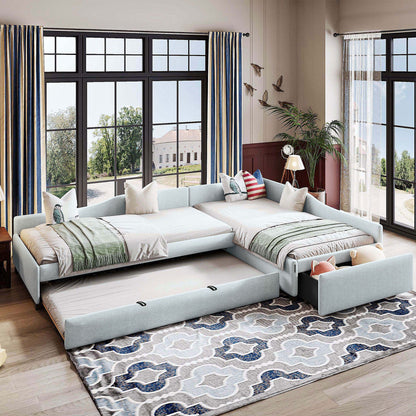 Upholstered double daybed by HouseOfZazla with built-in trundle and drawer in light blue fabric on Tampa Home & Garden Store