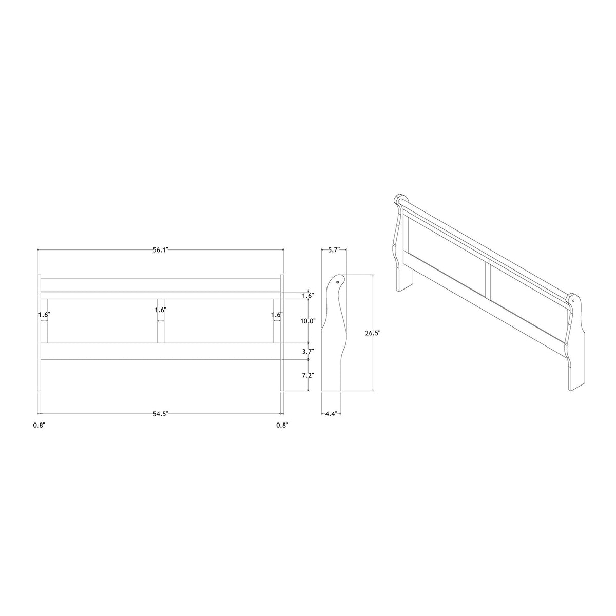 Charlston modern sleigh bed with LED blueprint diagram showing dimensions and side profile on Tampa Home & Garden Store