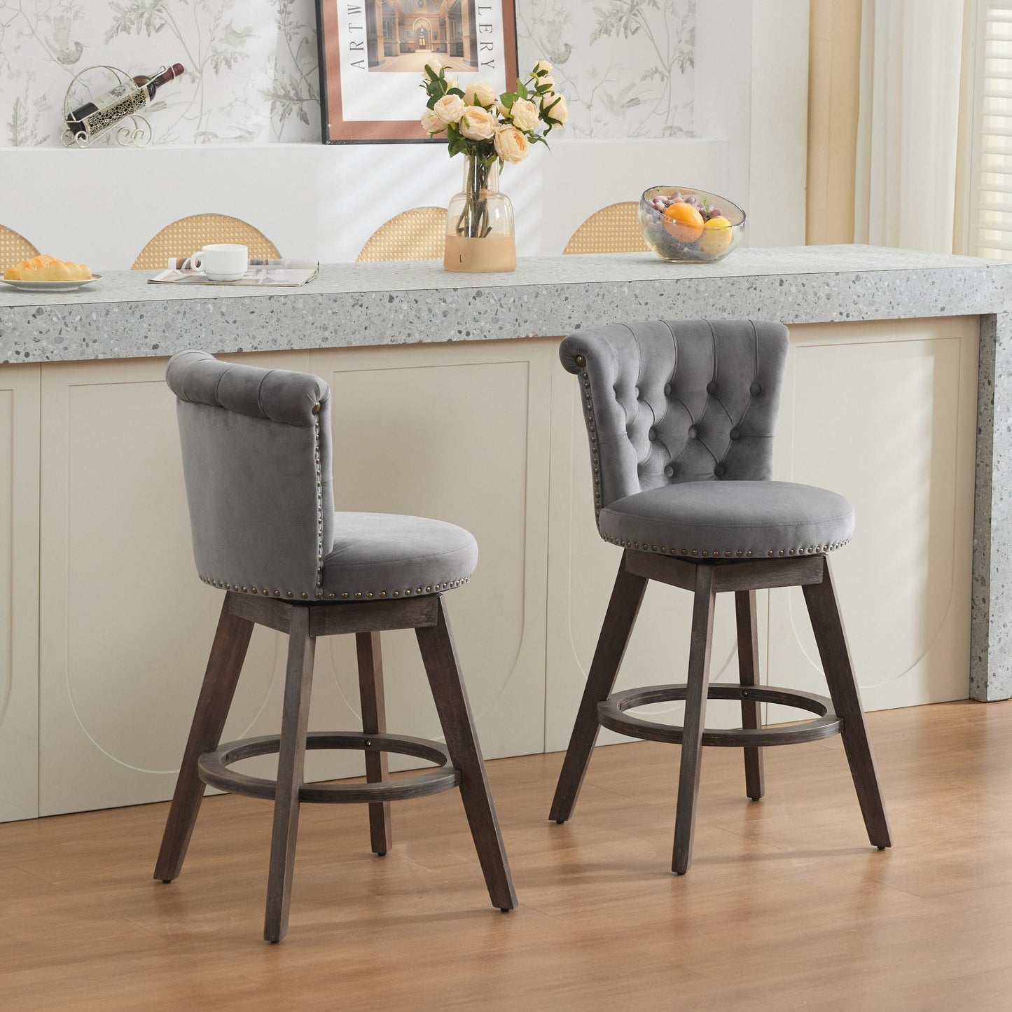 26in Counter Height Bar Stools set of 2 by HouseOfZazla, velvet gray upholstery, 360° swivel on Tampa Home & Garden Store