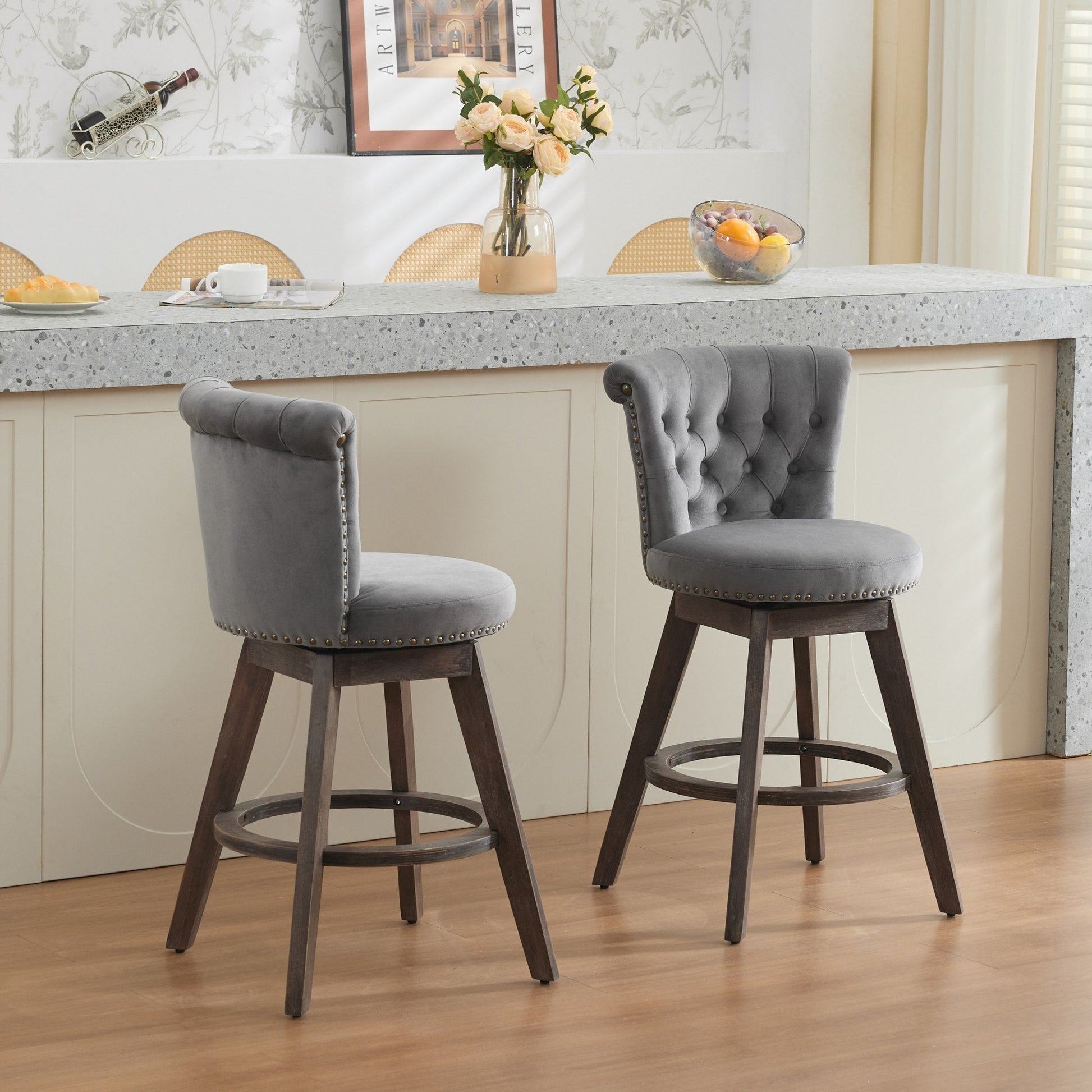 26in Counter Height Bar Stools set of 2 by HouseOfZazla, velvet gray upholstery, 360° swivel on Tampa Home & Garden Store