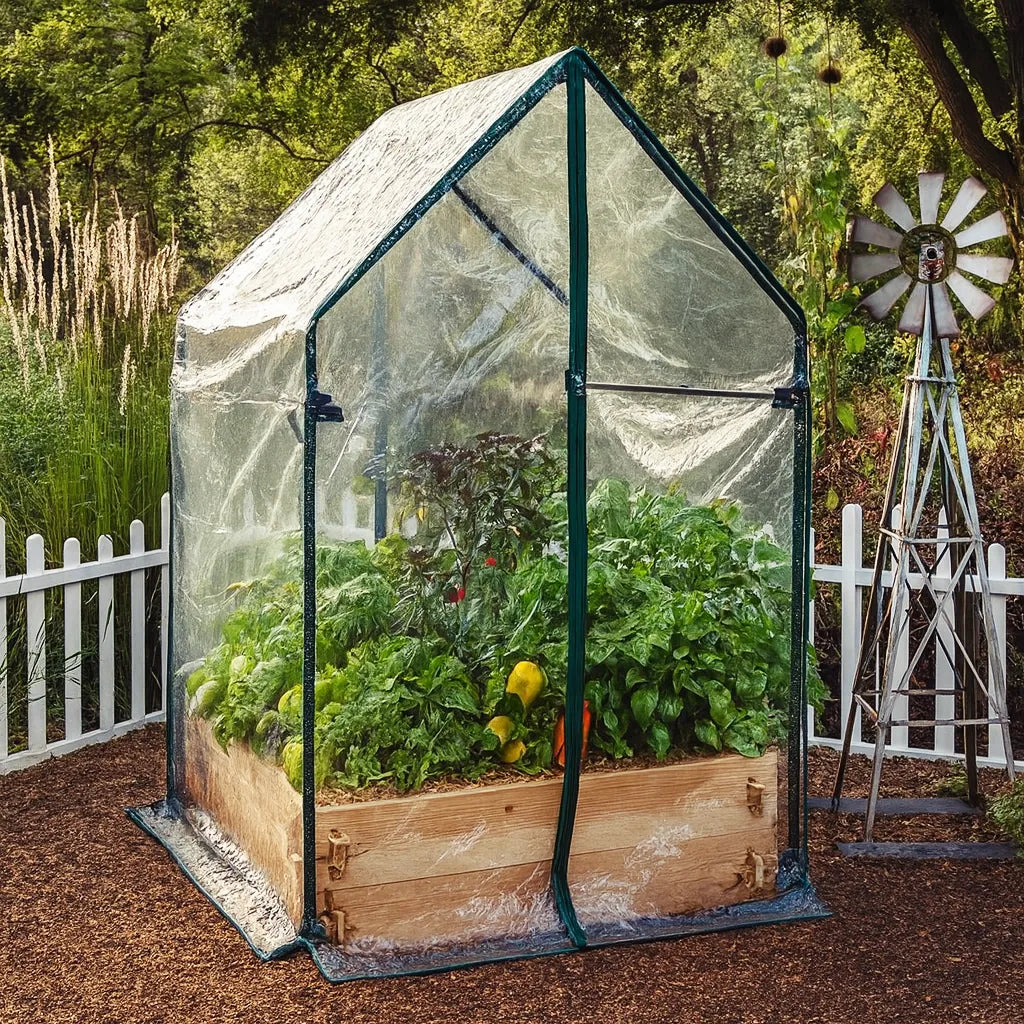 Cedar raised garden bed kit with greenhouse cover and green frame on Tampa Home & Garden Store