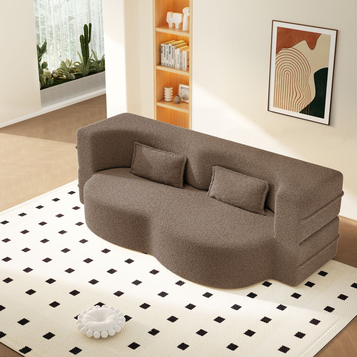 Modern Floor Sleeper Sofa Bed And Two Pillows