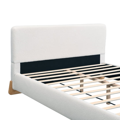 Elegant Boucle Upholstered Bed Queen Size by HouseOfZazla with white headboard and wood slats on Tampa Home & Garden Store