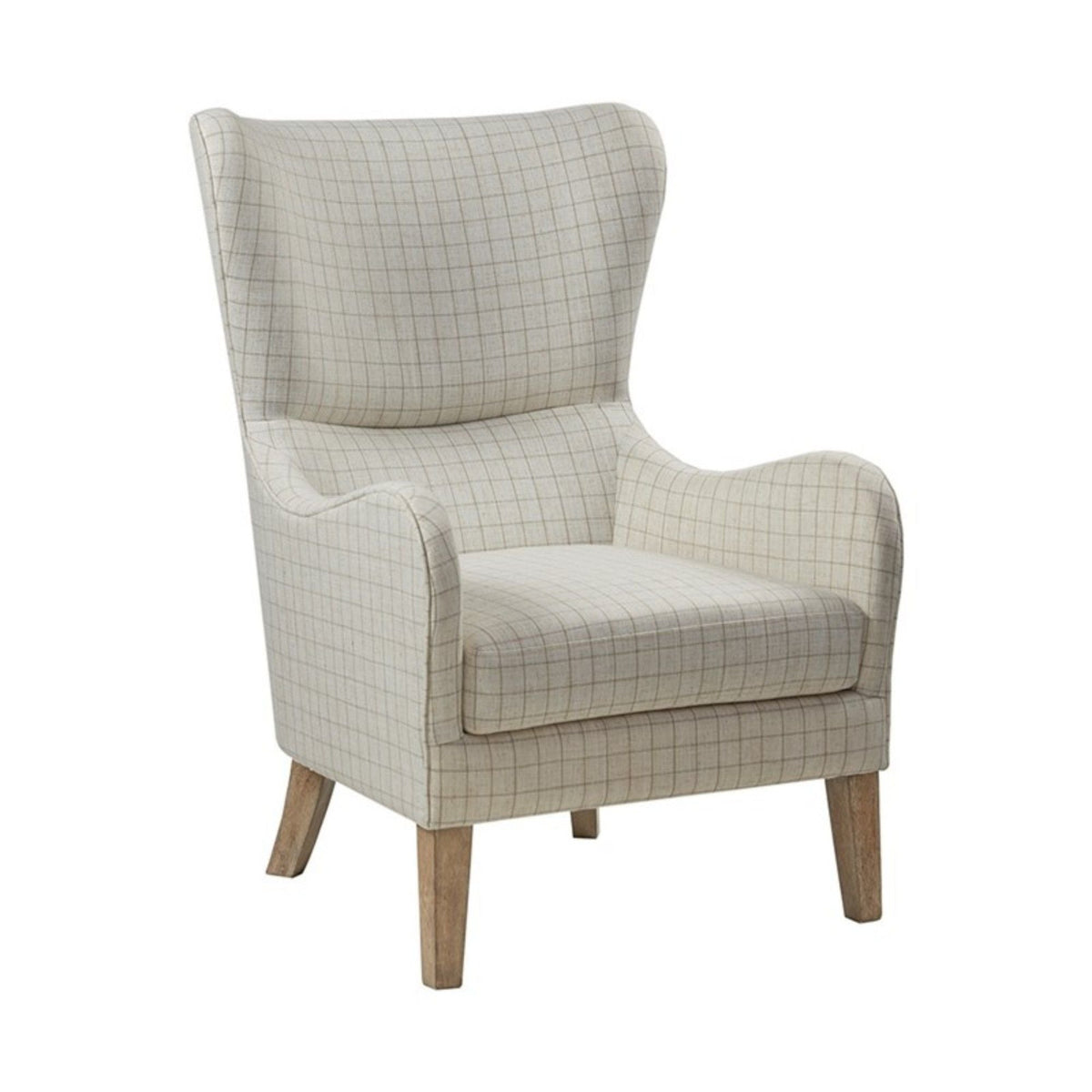 Arianna Swoop Wing Chair in beige grid upholstery with high-density foam and tapered wood legs on Tampa Home & Garden Store